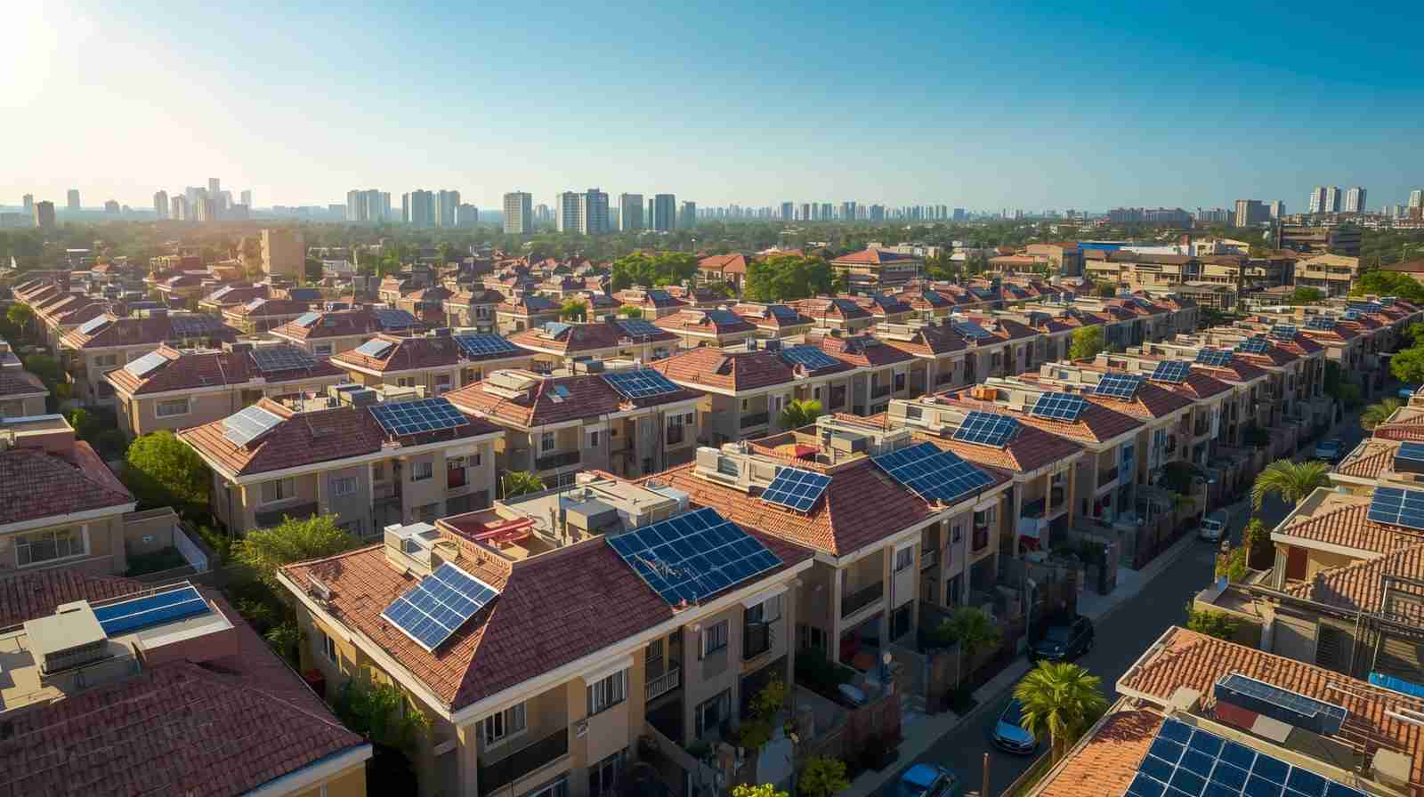 Bright sunny view of Indian rooftops with solar panels symbolizing India’s sustainable solar-powered future